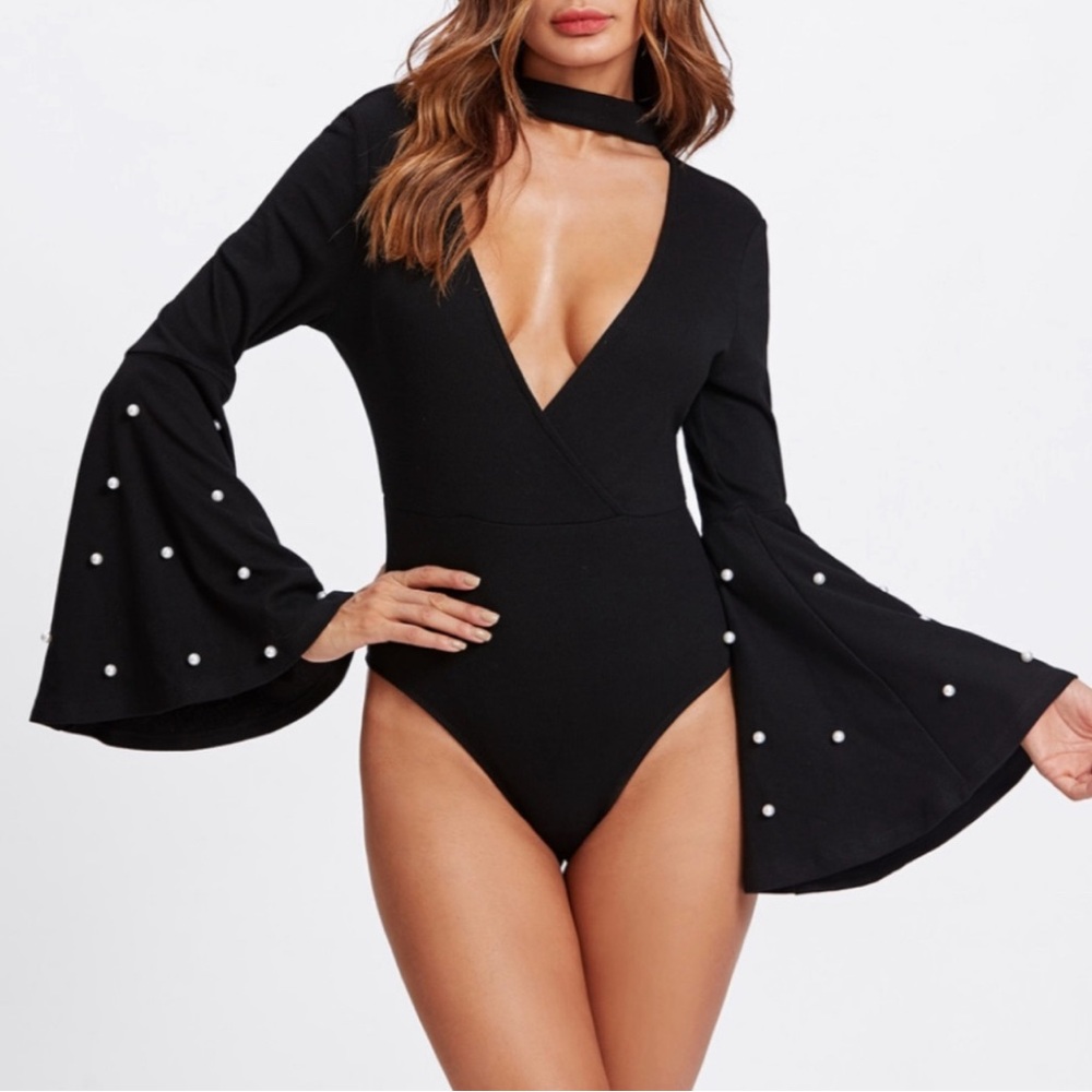 Black Bell Sleeve Bodysuit with Pearl Accents